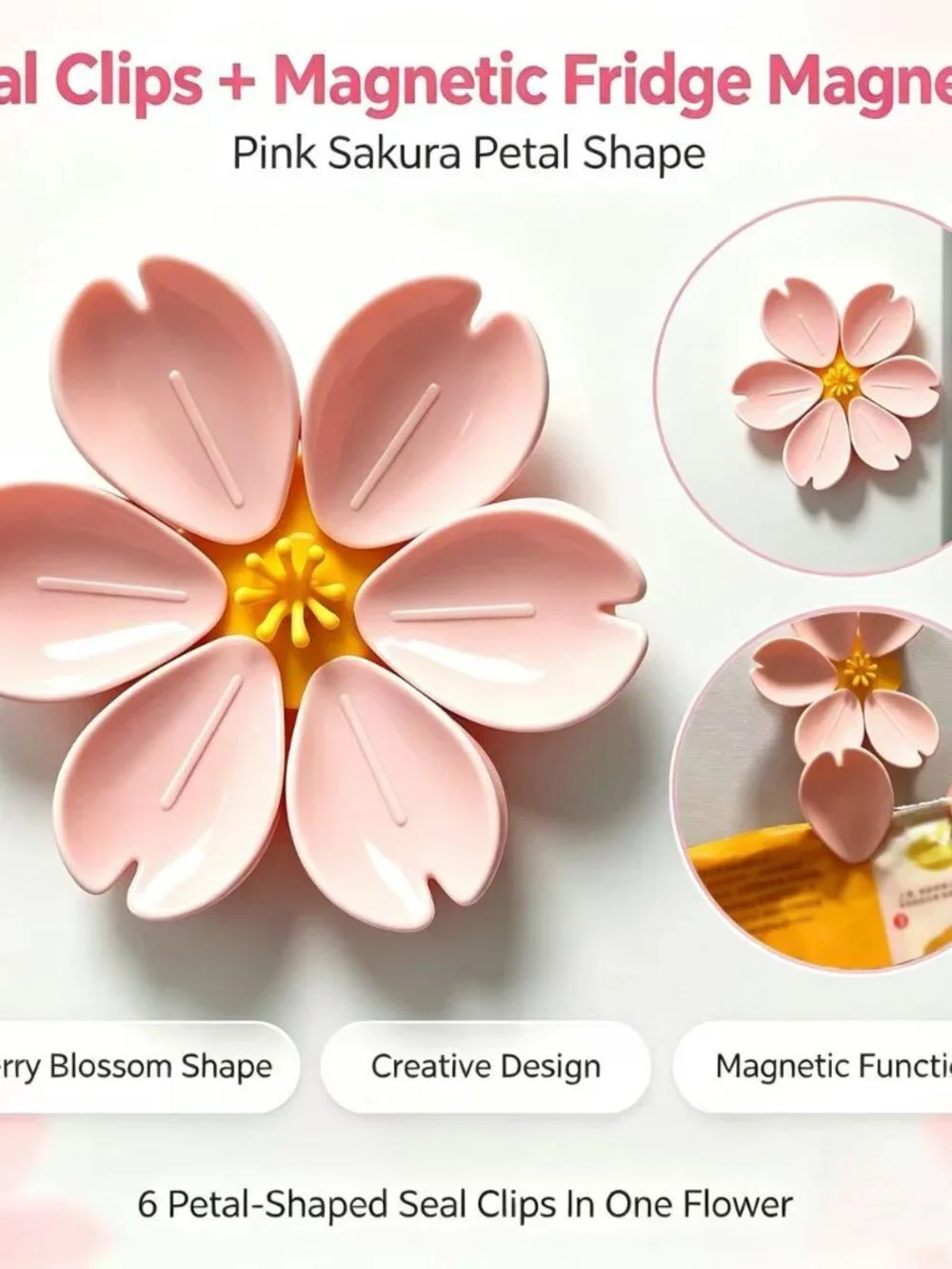 Pink Sakura Food Sealing Clips, 6 Detachable Petal Kitchen Bag Clips